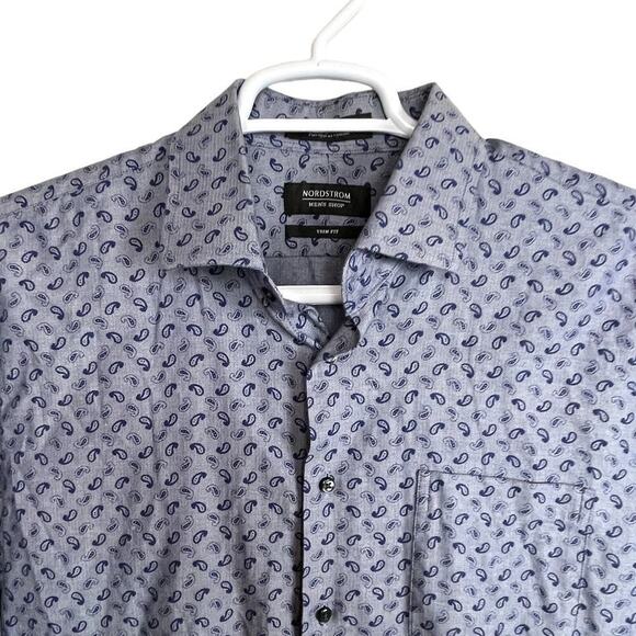 Nordstrom‎ Shirt Size 16 34/35 Blue Paisley Long Sleeve Button Up L/S Trim Fit - Picture 2 of 8